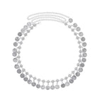 Silver coin pendant necklace with adjustable chain on white background
