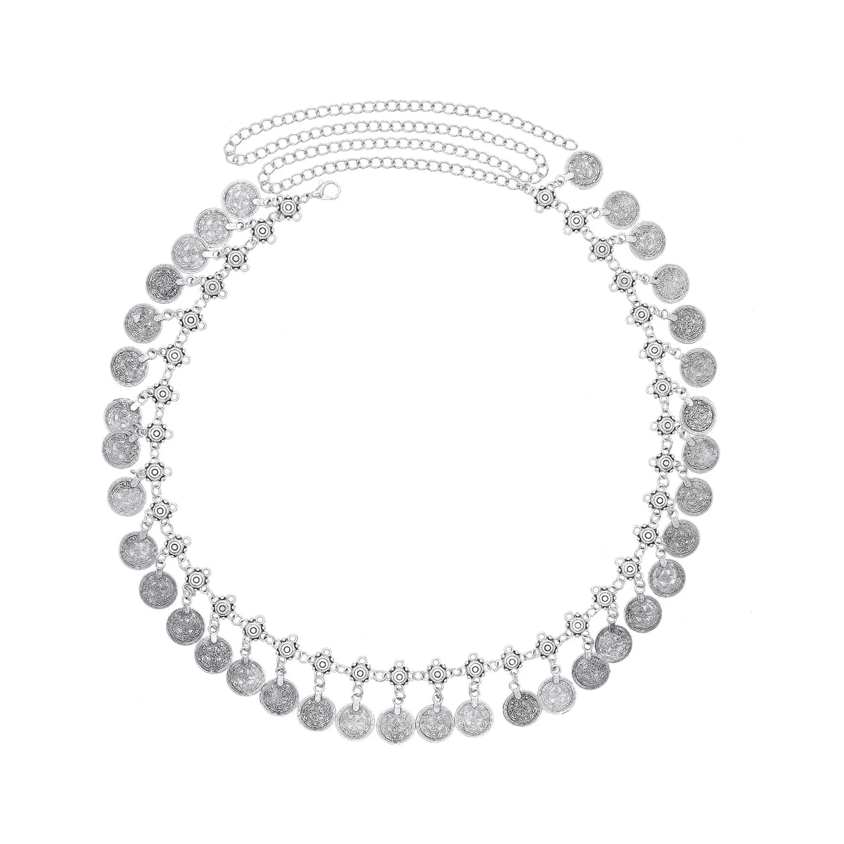 Silver coin pendant necklace with adjustable chain on white background