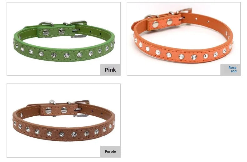 Rhinestone Leather Dog Collar – Adjustable Pet Accessory for Small and Medium Pets