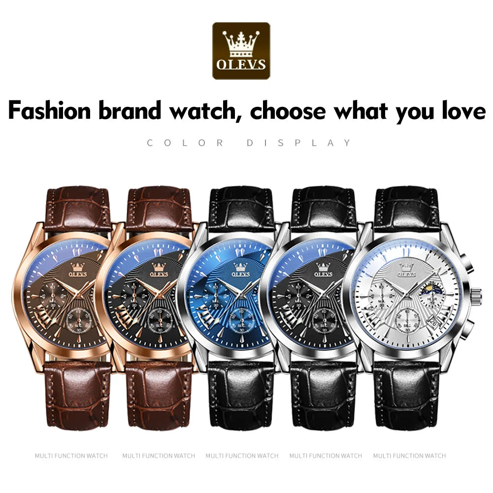 OLEVS Quartz Men's Watch – Luxury Waterproof Leather Wristwatch for Business