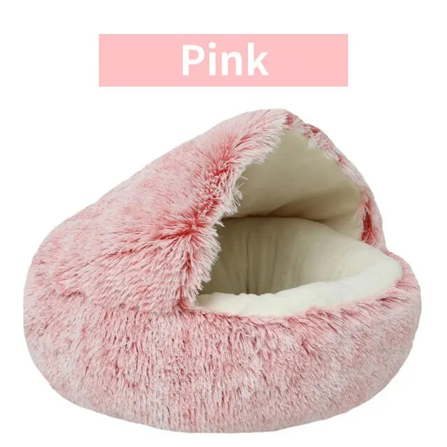 Plush Round Pet Bed – Warm 2-in-1 Cave Mattress for Small Cats and Dogs