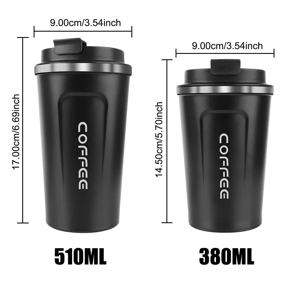 Black coffee tumblers with lids in 510ml and 380ml sizes, shown with measurements.