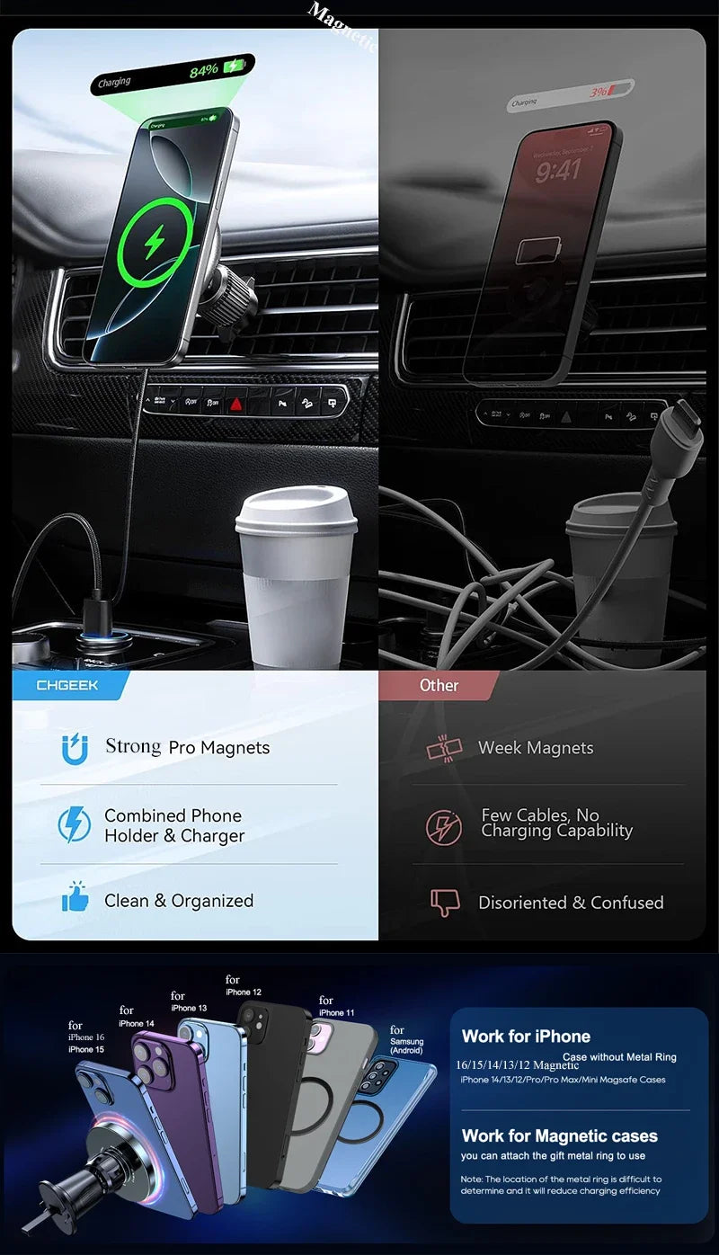 Magnetic Wireless Car Charger – 15W Air Vent Mount for iPhone 16 15 14 13