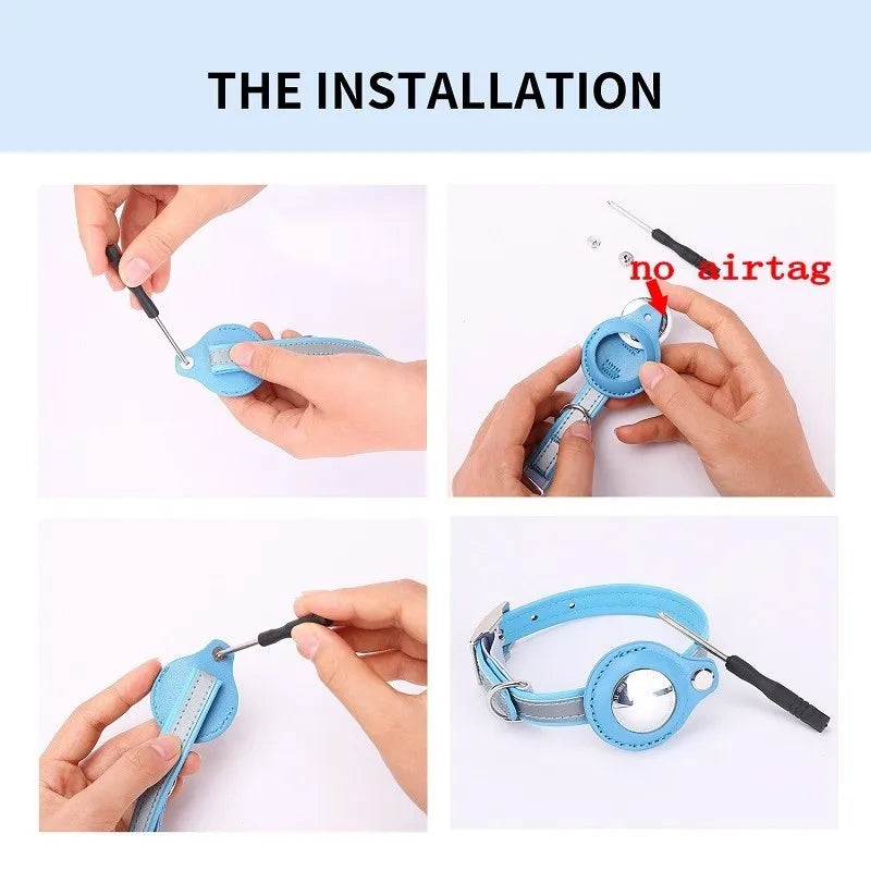 Adjustable Leather Airtag Collar – Reflective GPS Tracker for Pets
