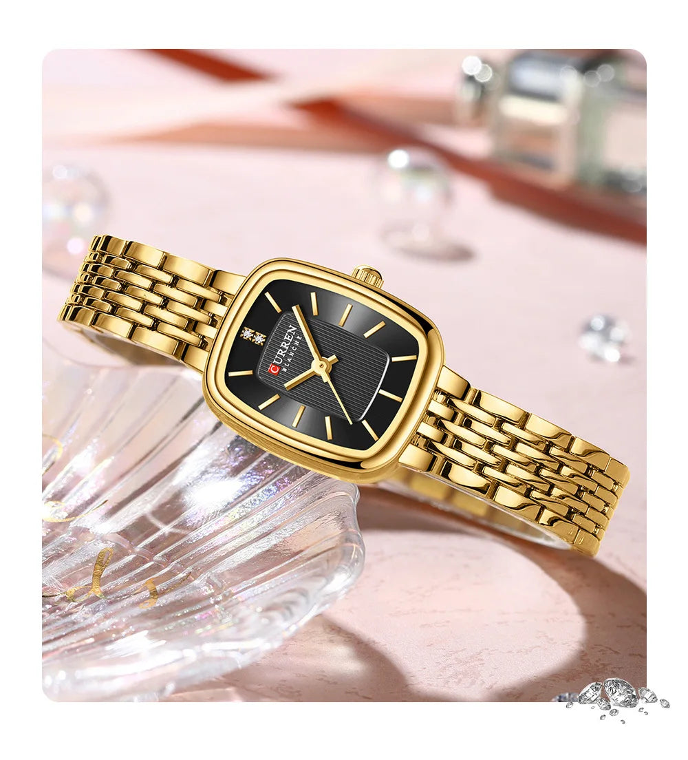 Gold Stainless Steel Quartz Watch – Elegant Square Dial for Business Fashion