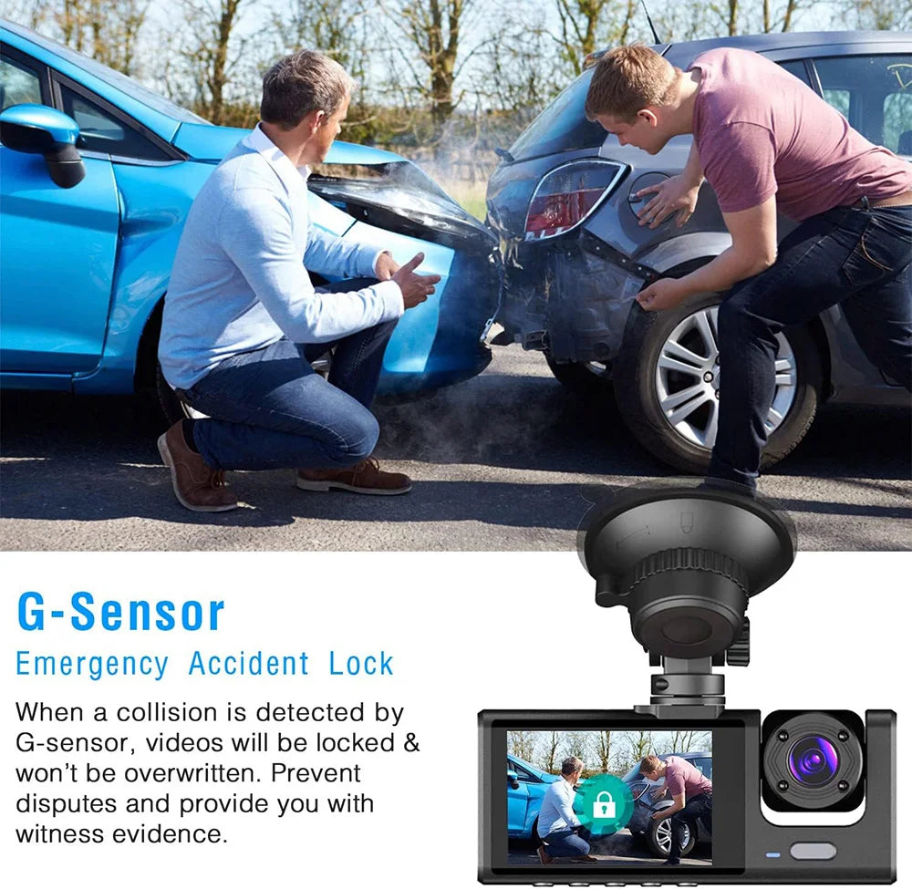 Triple Lens Dash Cam – 1080P Front and Rear Vehicle Recorder for Night Vision