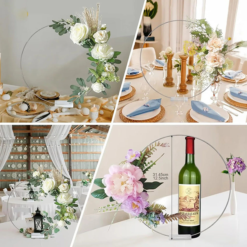 Metal Floral Hoop Centerpiece – Gold Macrame Ring with Wood Stand for Wedding