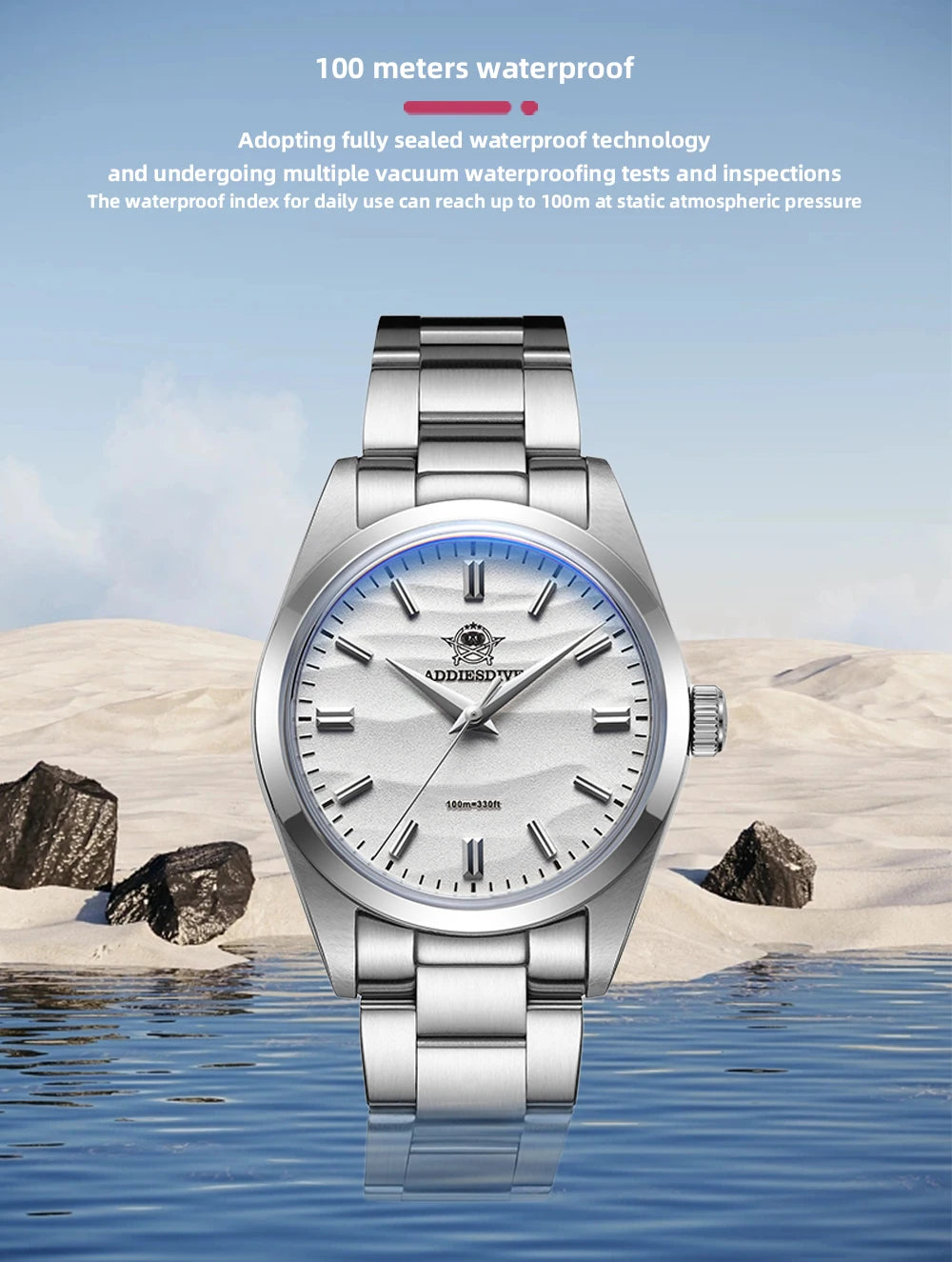 ADDIESDIVE 36mm Quartz Watch – Stainless Steel Sand Dial for Everyday Wear