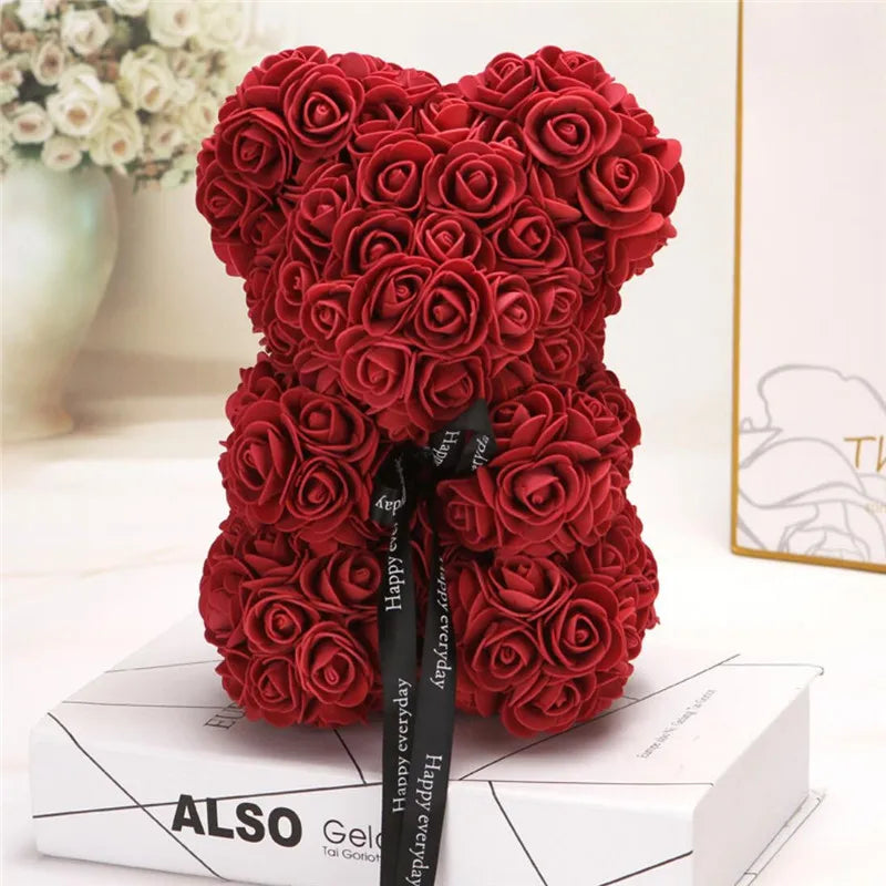 Artificial Rose Bear – 25cm Flower Figurine for Valentine Anniversary Gift