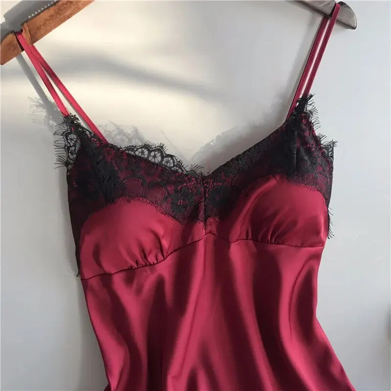 Lace V-Neck Pajama Set – Sexy Satin Sleepwear for Women