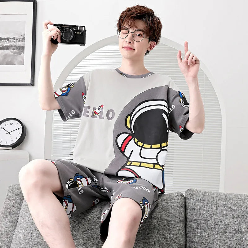 Striped Bear Pajama Set – Breathable Cotton Loungewear for Men