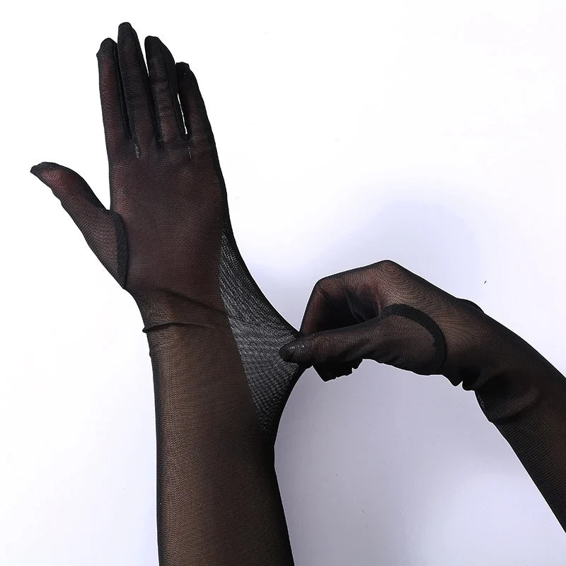 Black Opera Length Gloves – Stretchy Satin Accessories for Evening Formal Wear