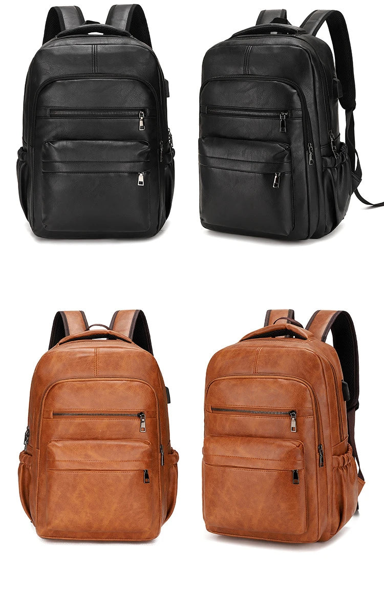 PU Leather USB Charging Laptop Backpack – Large Travel Bag for Men and Students