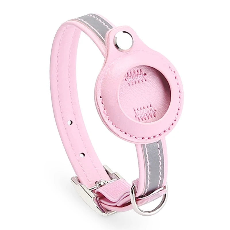 Adjustable Leather Airtag Collar – Reflective GPS Tracker for Pets