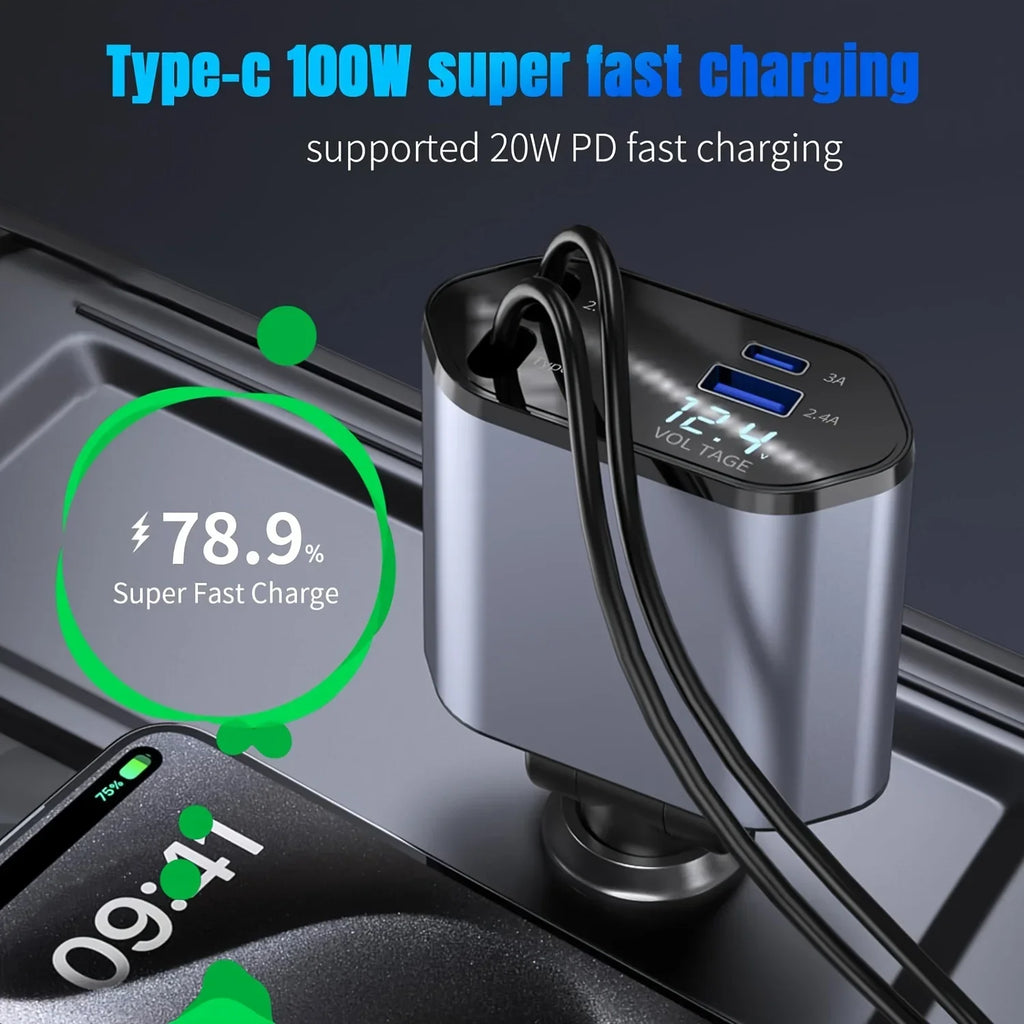 Retractable Car Charger – 120W Fast Charging Adapter for Mobile Devices