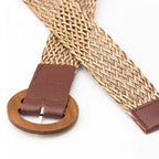 Braided Straw Waist Belt – Boho Wooden Buckle Accessory for Women