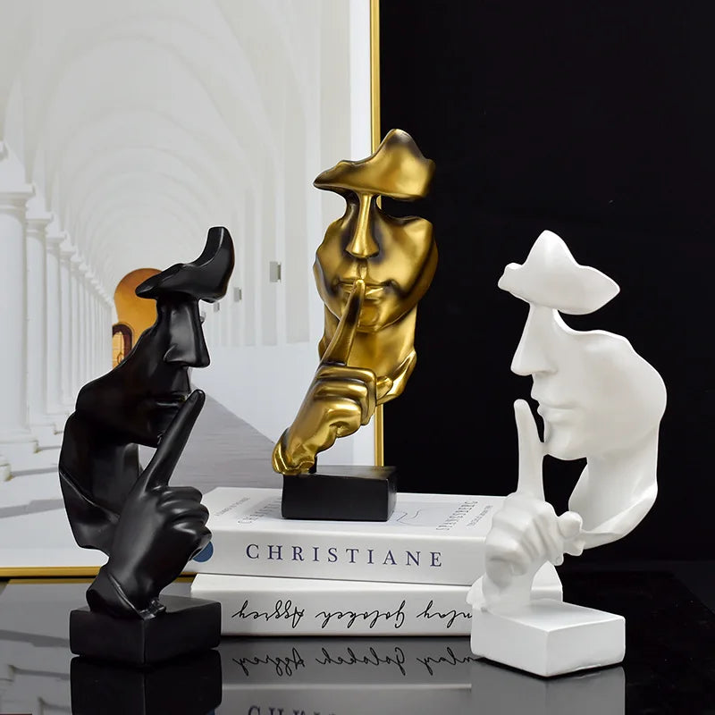 Abstract Thinker Resin Statue – Gold Silence Face Sculpture for Home Decor