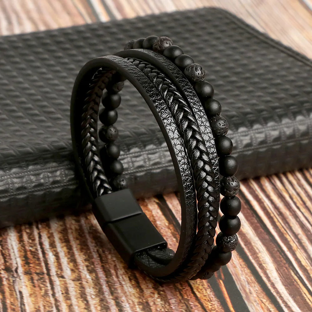 Tiger Eye Leather Bracelet – Multi-Layer Beaded Jewelry for Men
