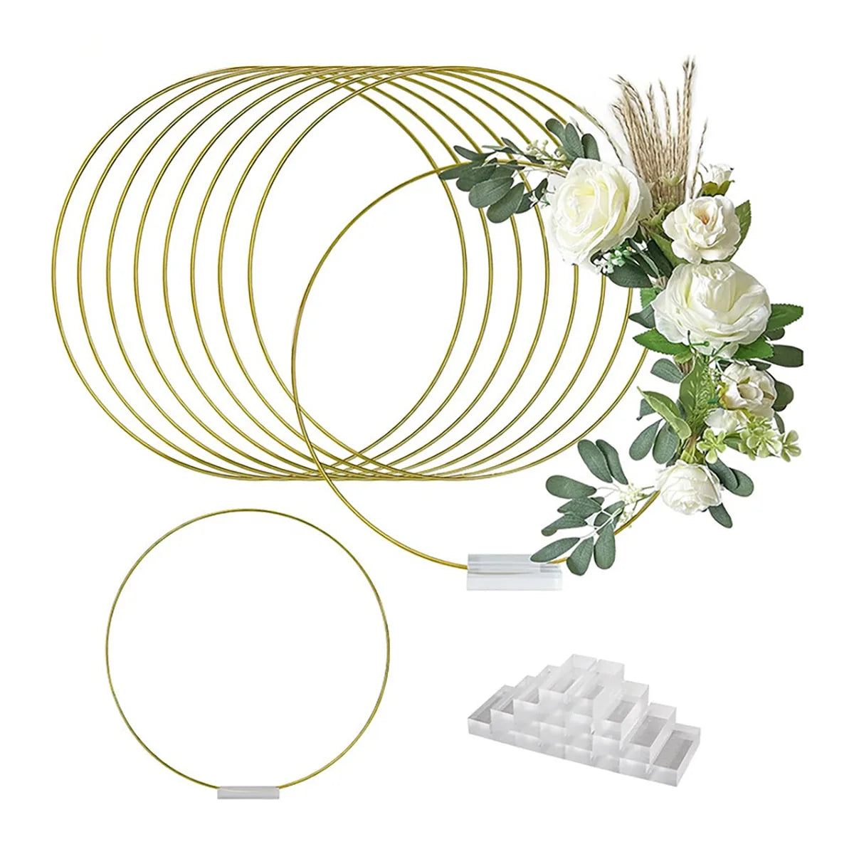Metal Floral Hoop Centerpiece – Gold Macrame Ring with Wood Stand for Wedding