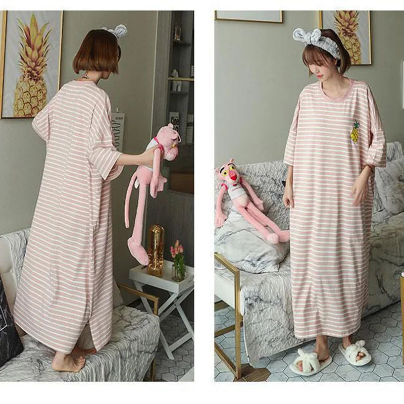 Plus Size Striped Pajama Dress – Short-Sleeved Cartoon Sleepwear for Women