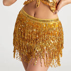 Gold sequin fringe mini skirt with sparkling tassels, party dancewear for women