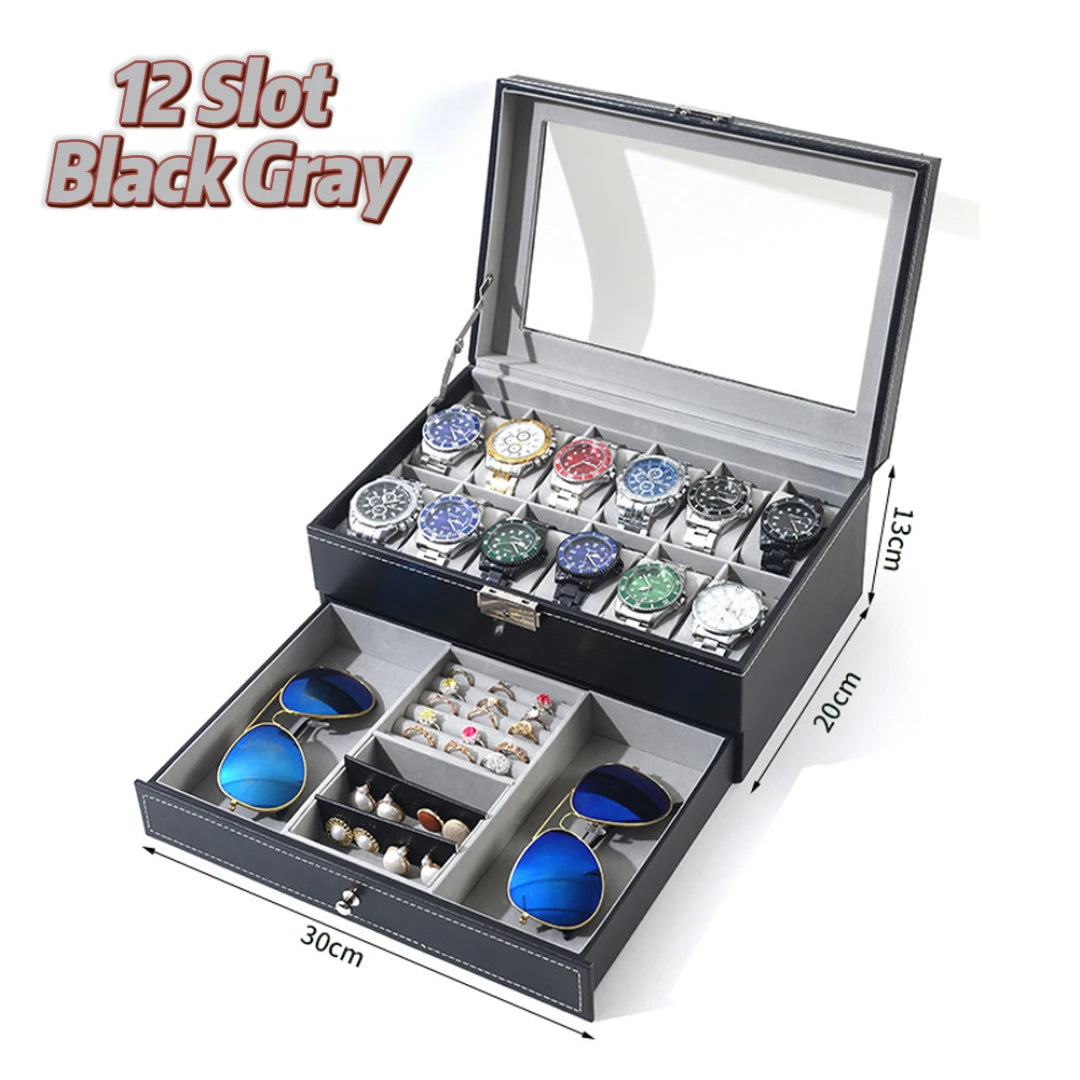 12 Slot Leather Watch Box – Lockable 2-Tier Jewelry Organizer for Display