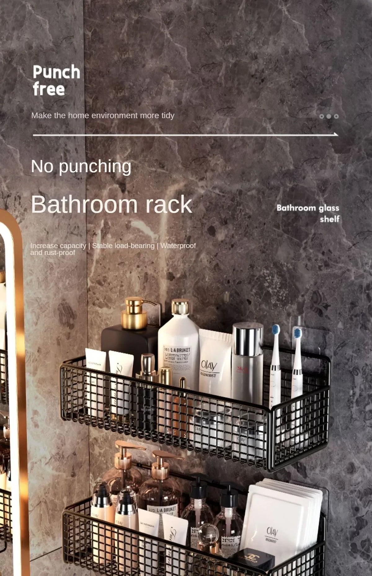 Bilayer Grid Wall Shelf – Adhesive Bathroom Organizer for Shower Storage