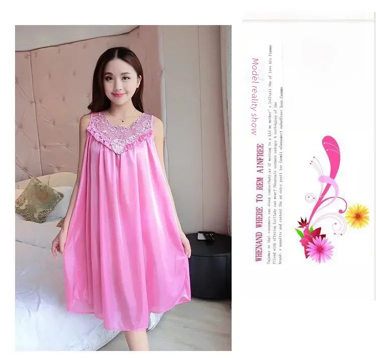 Ice Silk Sleep Dress – Plus Size Women's Tank Nightgown for Summer Housewear