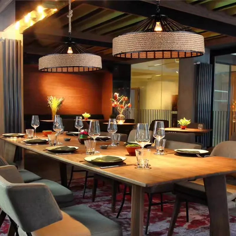 Industrial Hemp Rope Pendant Lamp – Antique Iron Chandelier for Dining Room