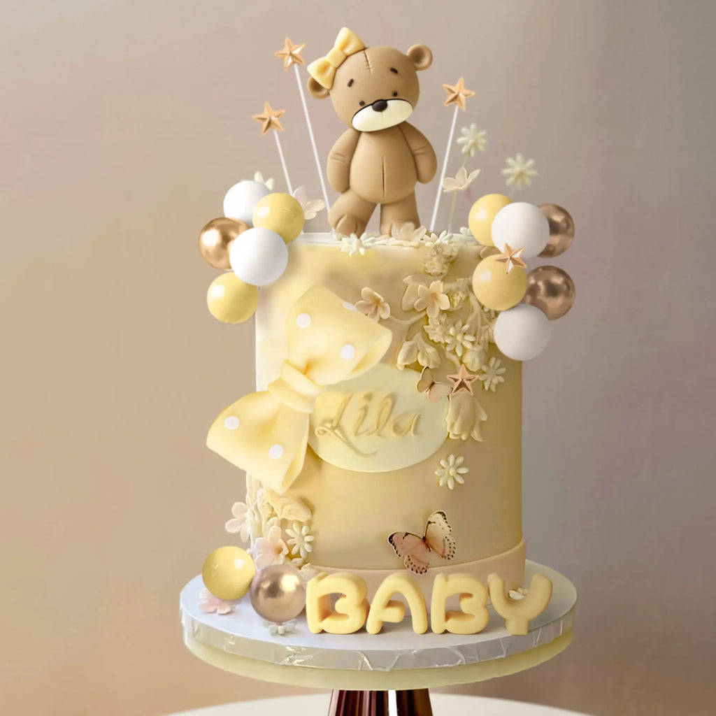 Pink Bear Cake Topper – Cute Animal Figurine for Baby Shower Birthday Parties