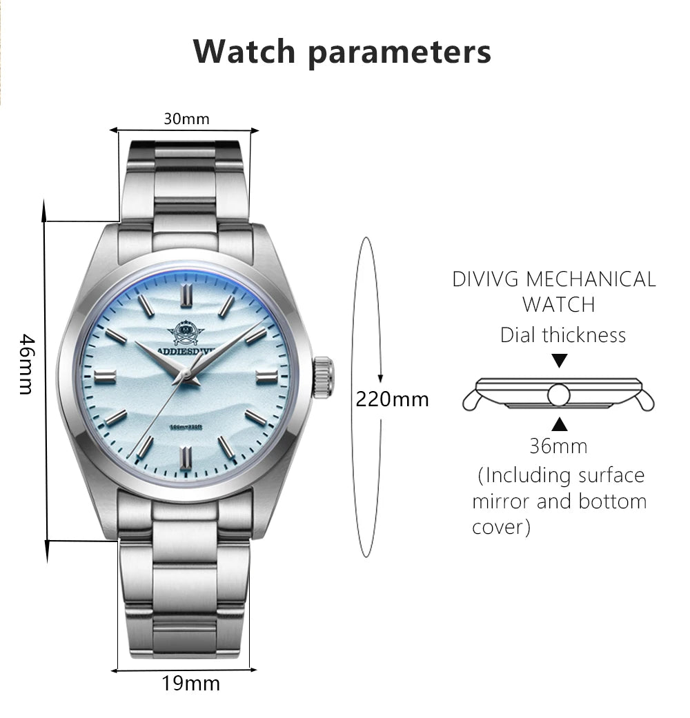 ADDIESDIVE 36mm Quartz Watch – Stainless Steel Sand Dial for Everyday Wear