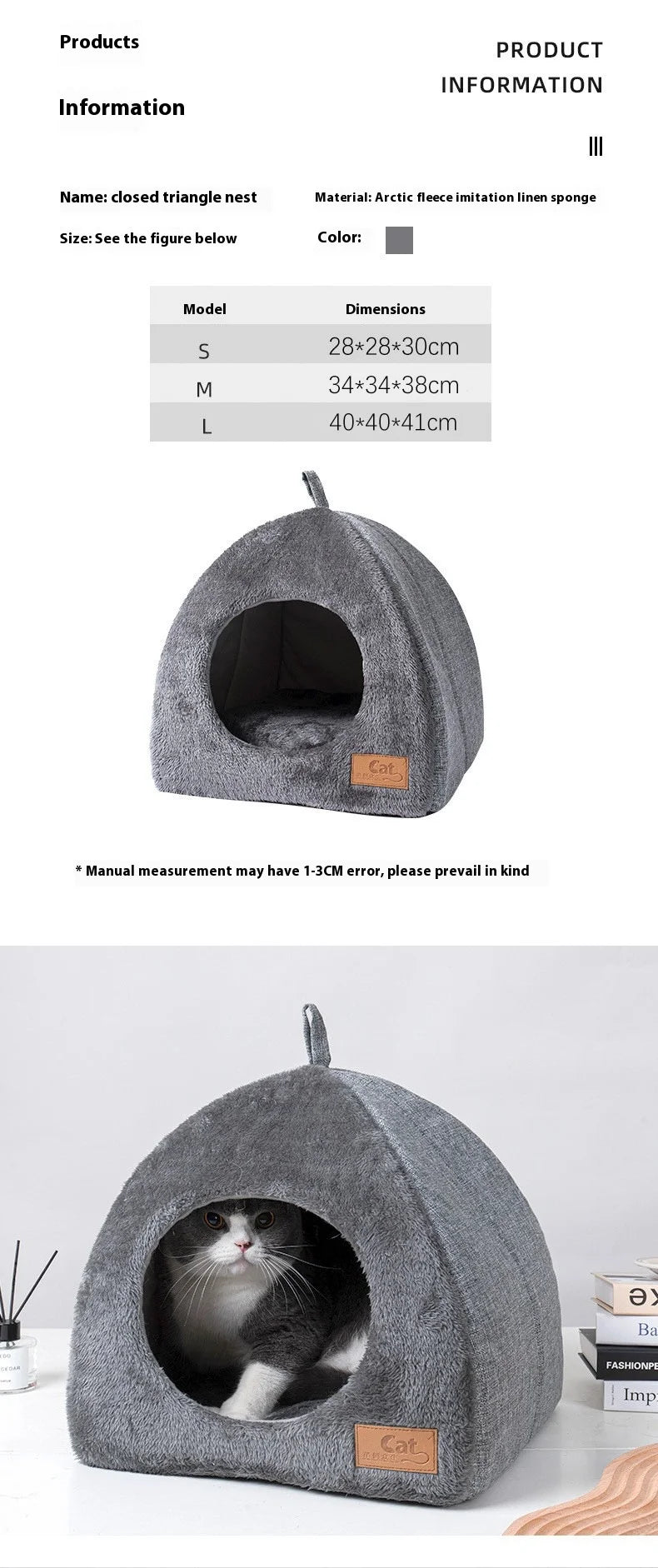 Enclosed Triangle Cat Bed – Warm Plush House for Indoor Winter Sleep