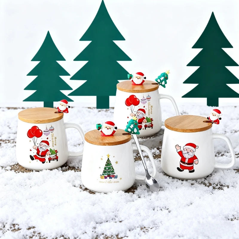 Ceramic Christmas Tree Mug – Festive Coffee Cup with Lid and Spoon for Gifts