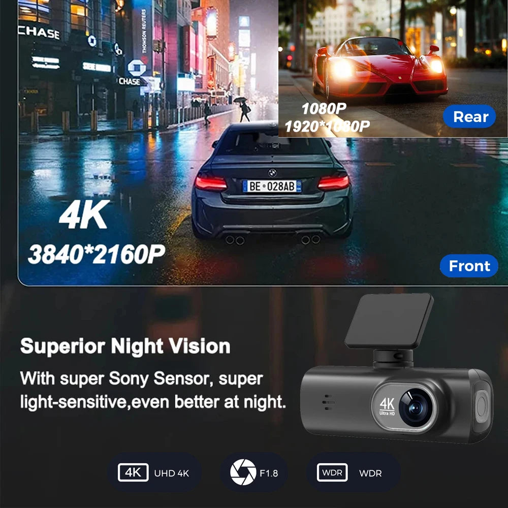 4K Dual Dash Cam – GPS WiFi Driving Recorder for Car Security