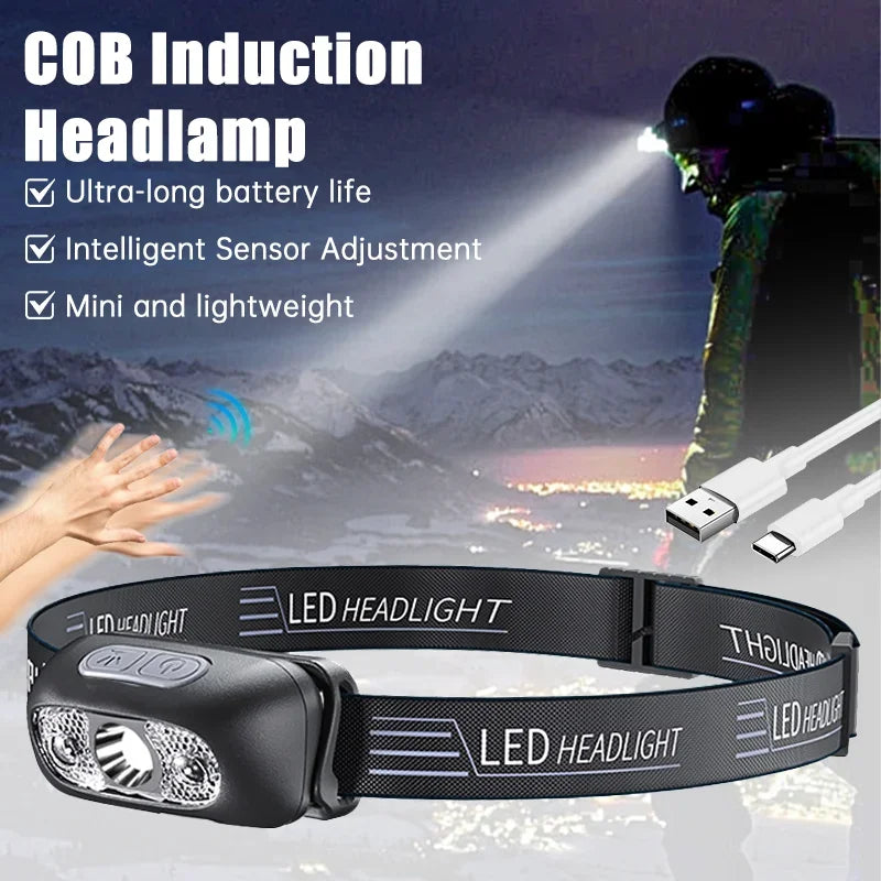 USB Rechargeable LED Headlamp – Motion Sensor Flashlight for Outdoor Camping