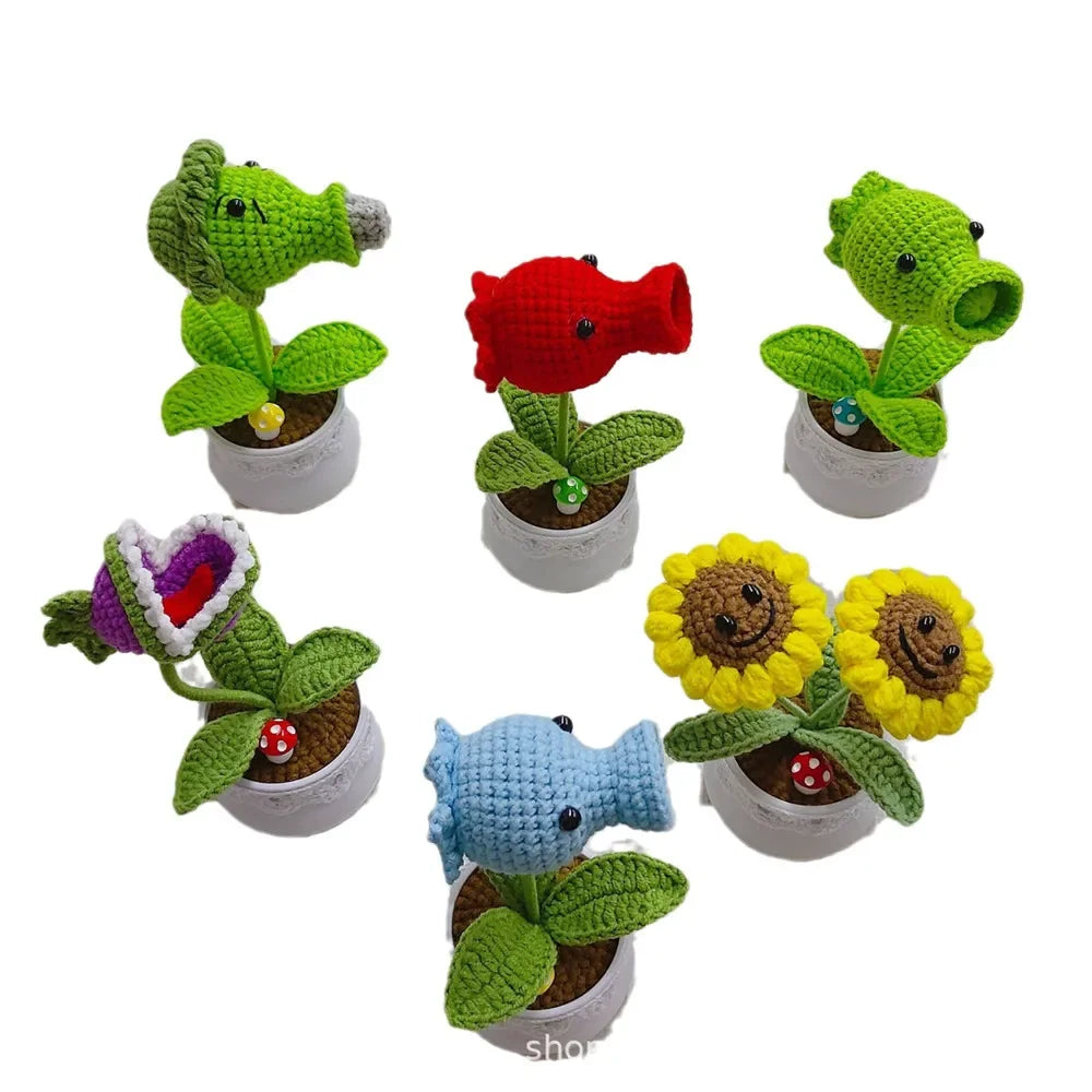 Knitted Sunflower and Pea Shooter – Plush Desk Decor for Home Office Gifts