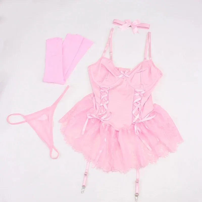 Pink Lace Corset Lingerie – Patchwork Garter Set for Cosplay Costume