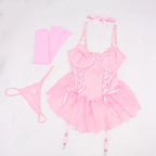 Pink Lace Corset Lingerie – Patchwork Garter Set for Cosplay Costume