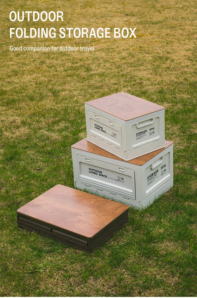 Folding Storage Box – Wooden Lid for Camping and Car Trunk Organization