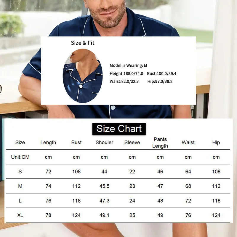 Satin Pajama Set – Short Sleeve Button-Down Sleepwear for Men