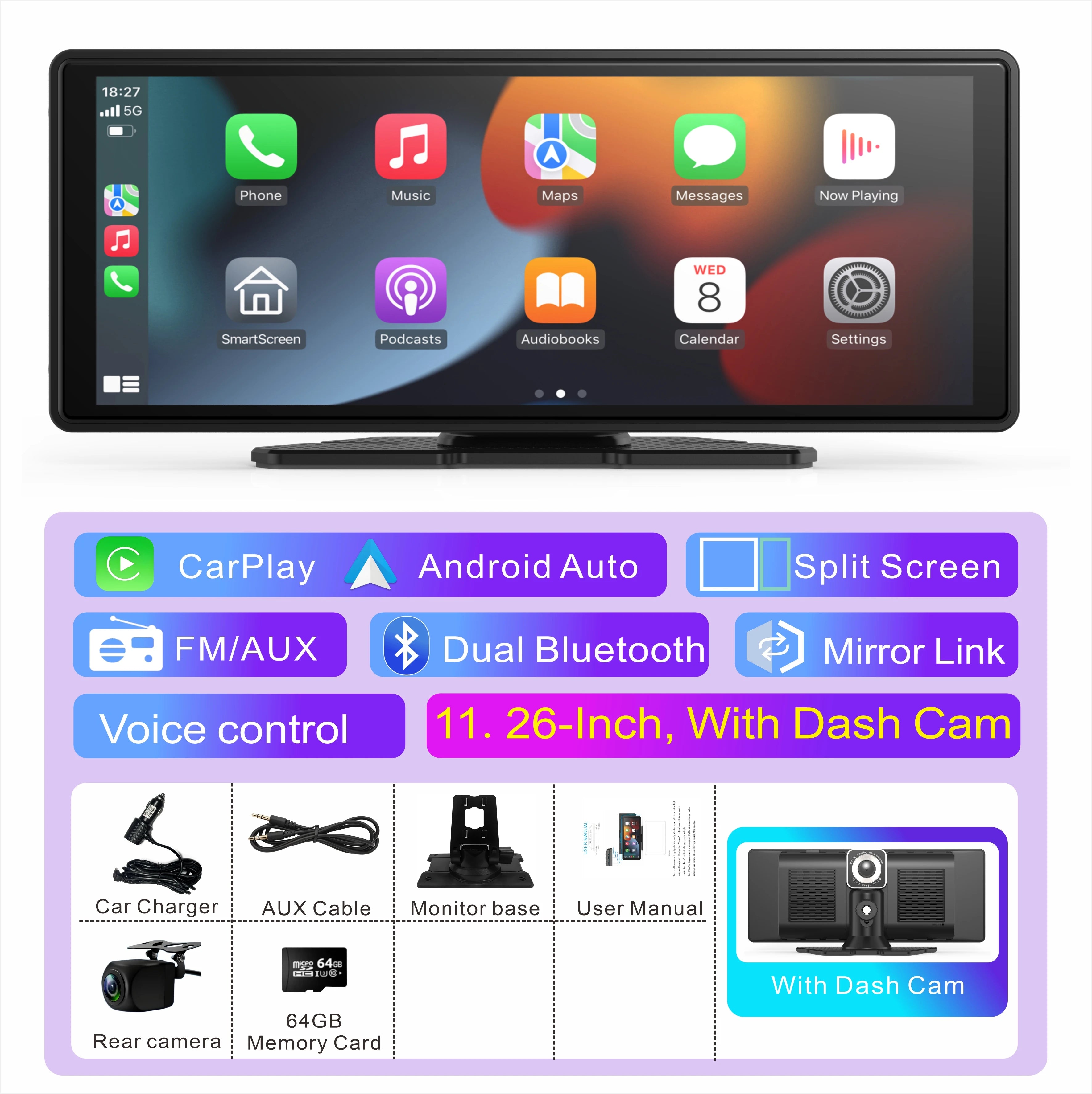 11-Inch Portable Carplay Screen – Wireless Apple CarPlay for Car Dashboards