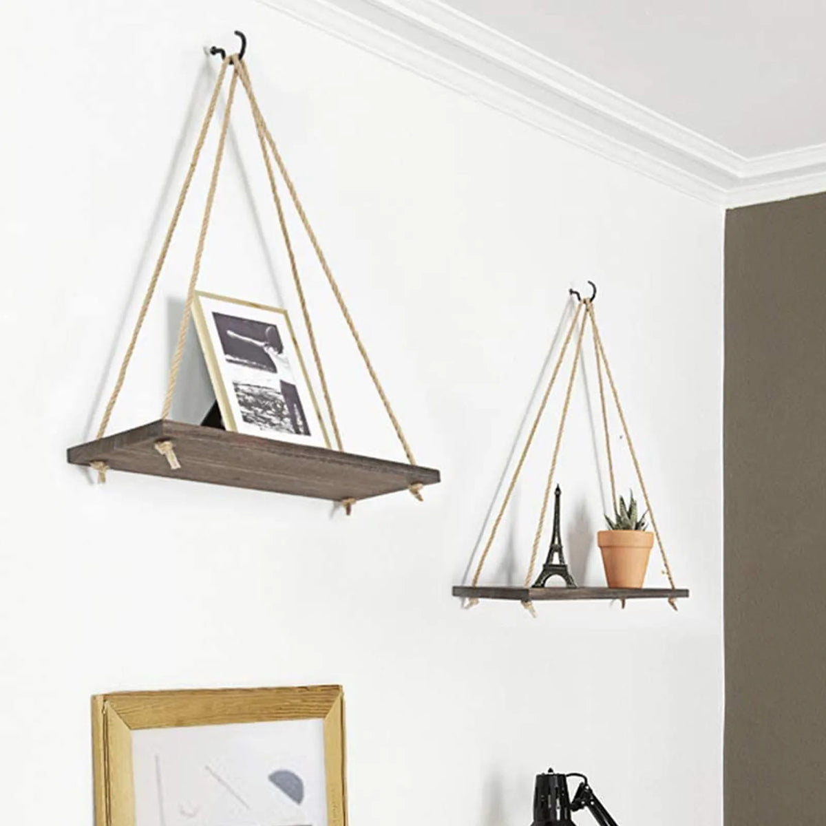 Macrame Hanging Wall Shelf – Reclaimed Wood Triangle Display for Home Decor