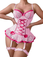 Pink Lace Bodysuit – Bow Knot Perspective Lingerie for Sexy Cosplay
