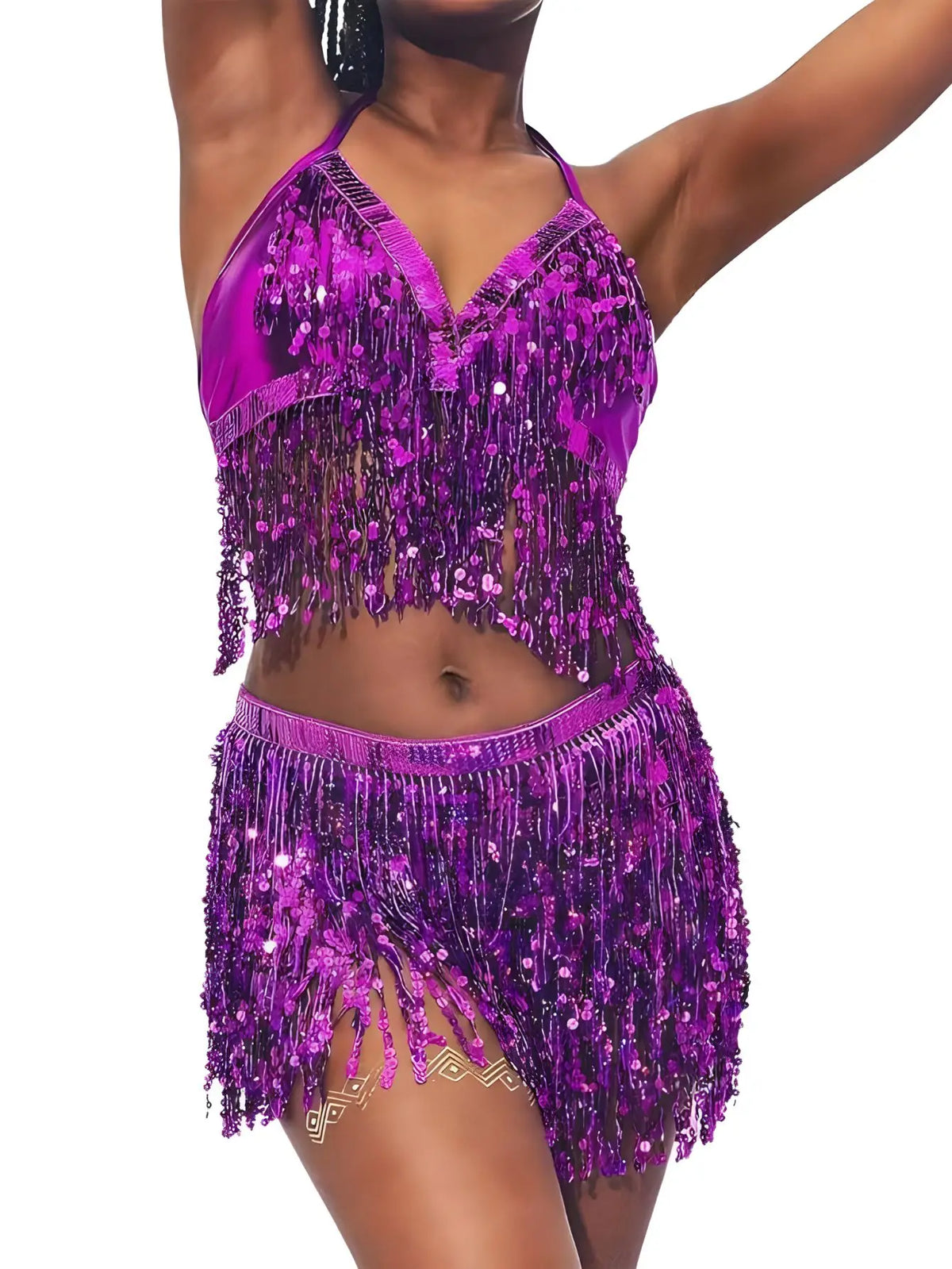 Woman wearing a purple sequin fringe halter top and matching shorts set