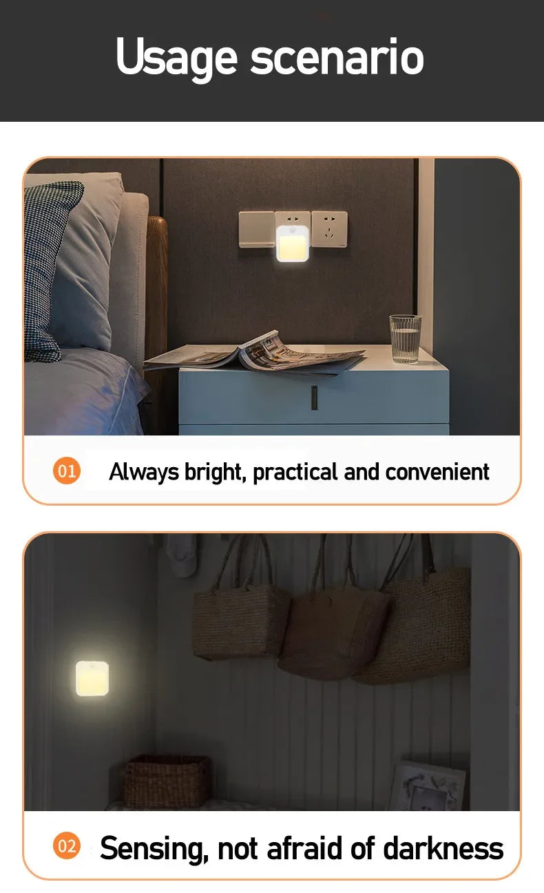 Motion Sensor LED Night Light – Dimmable EU Plug for Bedroom and Corridor