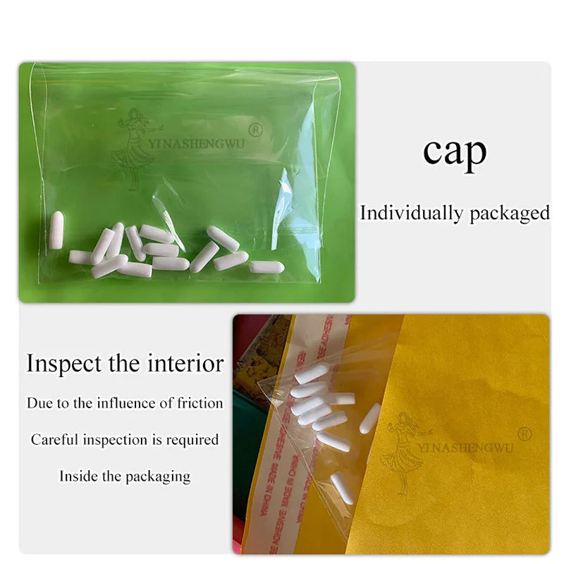 Clear plastic bag with white capsules, labeled for individual packaging and inspection.