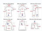 Clothing size chart diagram showing measurement guides for shirts, dresses, trousers, coats, skirts, and shorts.