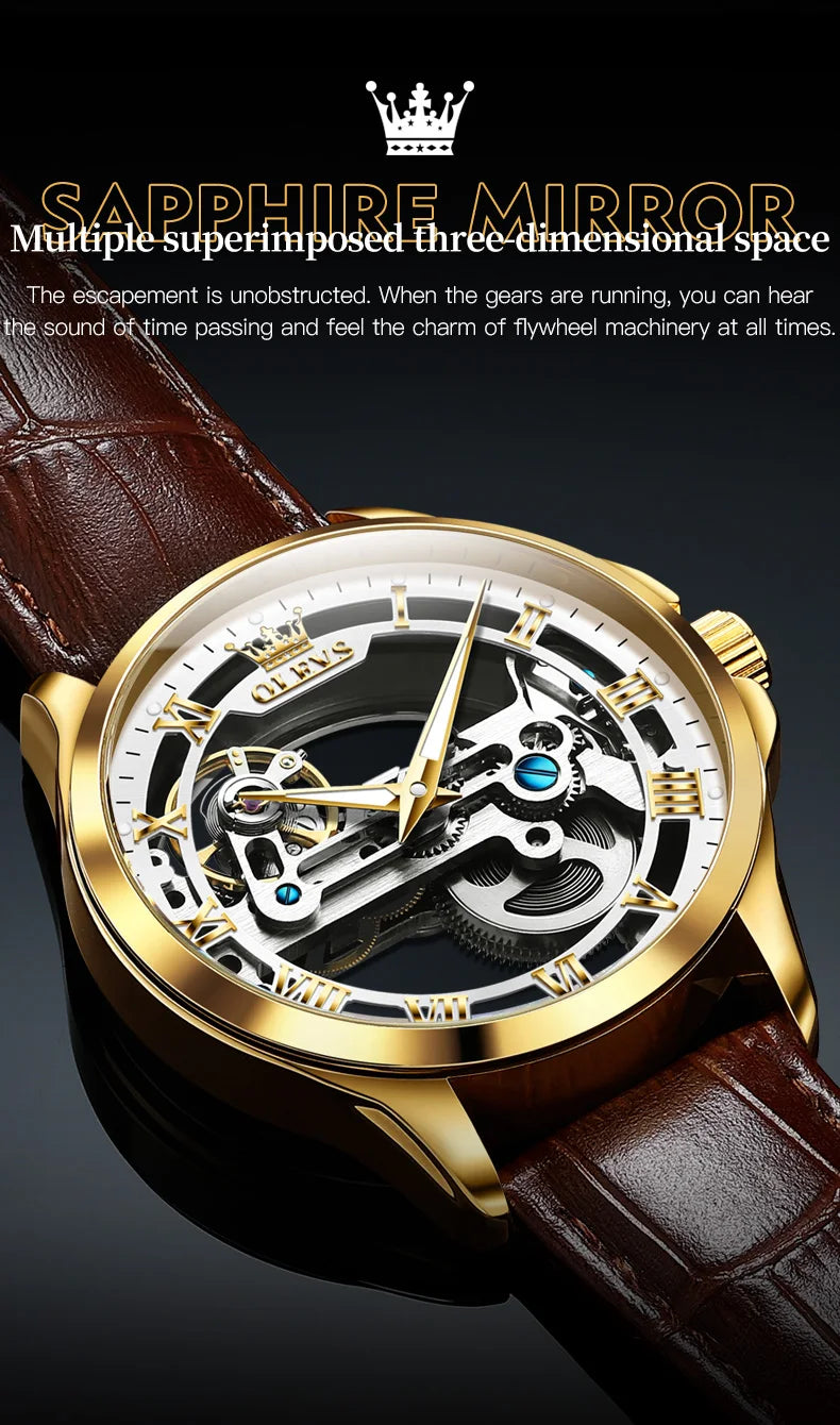 Automatic Skeleton Mechanical Watch – Leather Strap for Luxury Mens Formal Wear