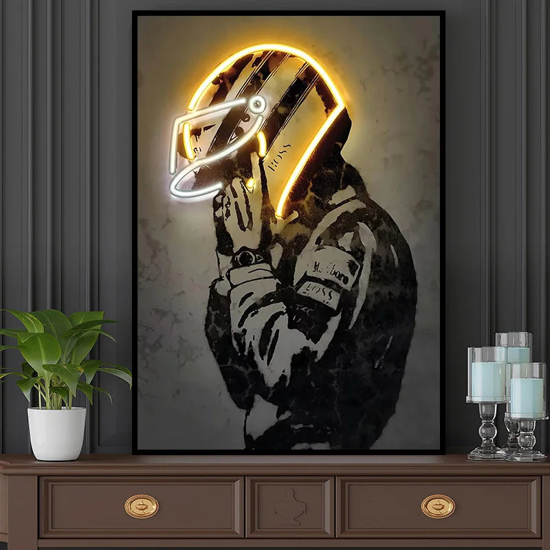 Ayrton Senna Racing Suit Wall Art – Abstract Neon Graffiti Canvas for Home Decor