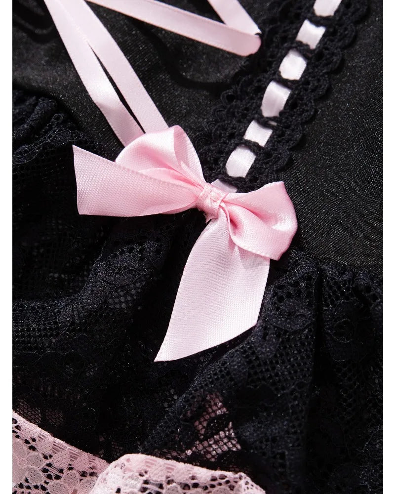 Pink Lace Bodysuit – Bow Knot Perspective Lingerie for Sexy Cosplay